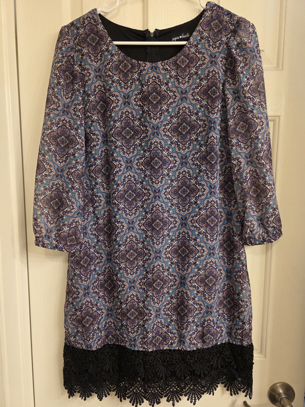 Sequin Hearts Blue & Purple Patterned Shift Dress with Black Lace Hem